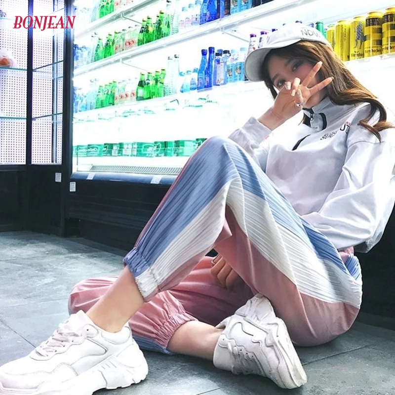 

2020 Soft Silk Women Pants Summer New Plus Size Loose Sport Trouser Pleated Casual Khaki Elastic Waist Pant Running Trouser