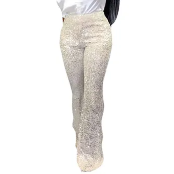 

Women Long Wide Leg Sequins Pants Woman Glitter Silver Black High Waist Trousers for Female Party Dance Flared Legs Pants 2020