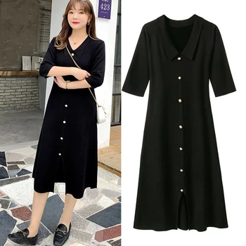 

Large size women's clothing fashion A-line plus size knitted long dress elegant V-Neck Button Dresses Vestidos