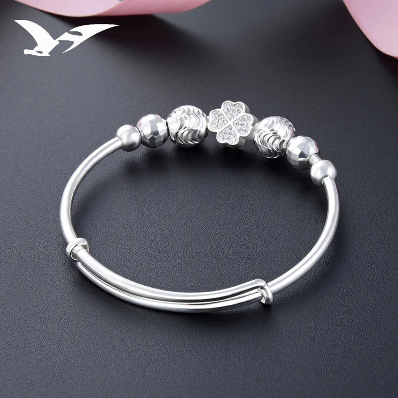 

S990 Pure Silver Bracelet Korean-style Simple Clover Beaded Bracelet Women's Slidable Hand Jewelry Fashion Sterling Silver Brace