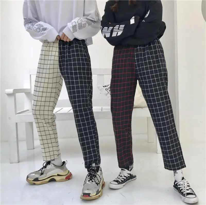 Neploe Vintage Plaid Patchwork Pants 