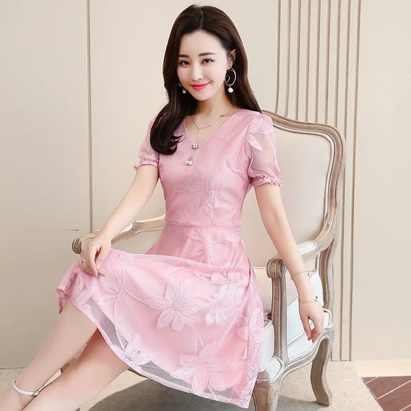 

2020 Summer Dress New Korean Sweet Lace Solid V Neck Ladies Reticulate Sleeve A-line Dress for Women's Dresses Plus Size