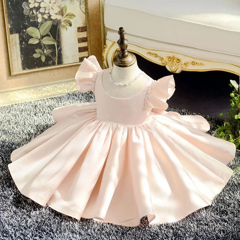 

New pink lace pearl evening dress wedding banquet flower girl dress baby one-year-old dress child birthday princess dress