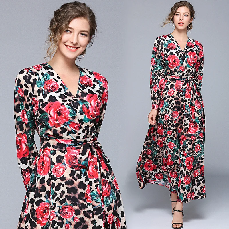 

Photo Shoot 1023 Spring And Summer New Style Europe And America Elegant Long Sleeve Leopord Pattern Long Skirts V-neck Sexy Dres