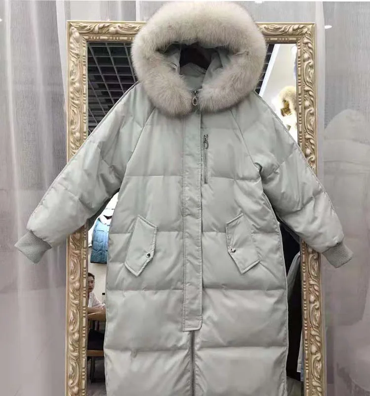 Стиль, пуховик, корейский стиль, свободный, прямой, большой размер, Женское пальто, Лисий мех, длинный воротник