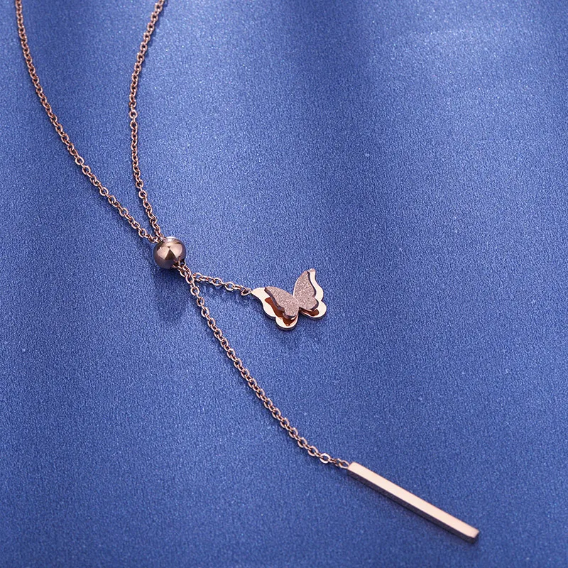 

JeeMango Titanium Stainless Steel Animal Pendant Necklaces For Girl Double-layer Frosted Butterfly Tassel Clavicle Chain RN02141
