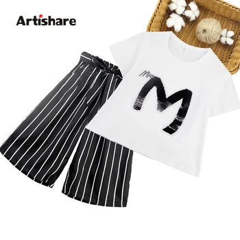 

Girls Summer Clothes Sequined T-shirt Pants 2 Pcs Kids Clothes Striped Wide Leg Pants Set For Girls 2020 Summer Girls Clothes