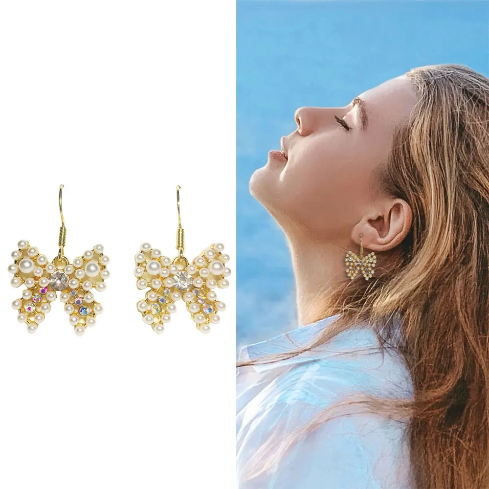 

Cute Earring for Women Pearl Drop Earrings Fashion 2020 Rhinestone Korean Trendy Ear rings Bow Jewelry Earrings for Girl boho