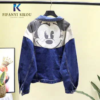 

2019 Autumn Denim Jackets Women Fashion Cartoon Print Long sleeve Denim Coat Female Plus size Loose Washed Basic Jeans Jacket