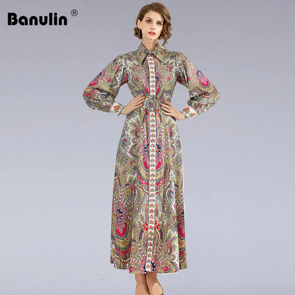 Banulin, женское дизайнерское платье, подиумное, длинное, макси, весенняя одежда, винтажное, с цветочным рисунком, приталенное, повседневные, вечерние, Свинг, для офиса, для работы