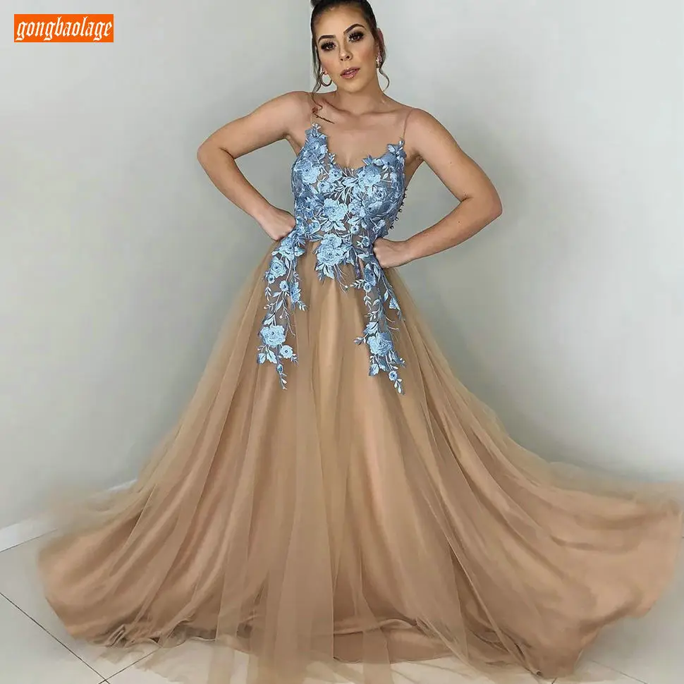 Изящные Boho коричневые Длинные Выпускные платья тонкие лямки, Тюлевое пляжное женское вечернее платье вечерние Синие Аппликации кружевное вечернее платье