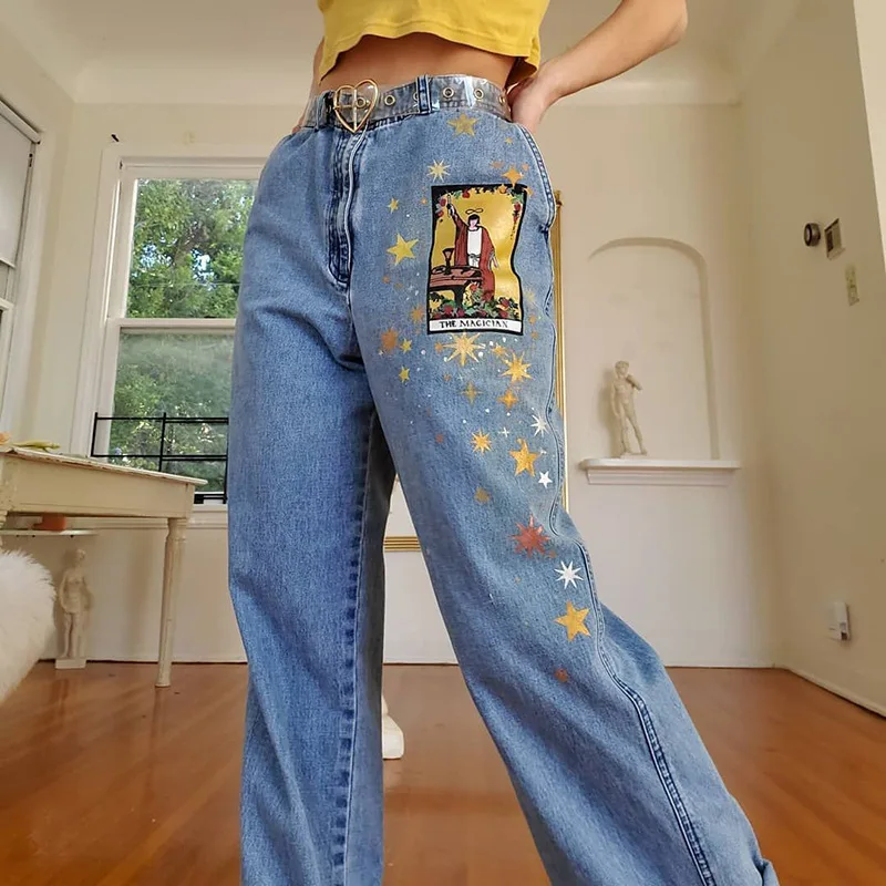 Indie Aesthetic Jeans Women Loose Baggy Mom Jeans 2023 New Casual Fashion People Print Denim Pants Womens All Match Clothes Y2k