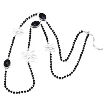 

Black Beads Chain Long Necklace For Women Silvery Flower with Red Blue Oval Crystal DIY Classic High Quality Jewelry Accessories