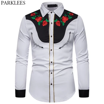 

Men's Rose Flower Embroidery Western Shirt Mexican Man White Shirts Slim Fit Long Sleeve Party Festival Cowboy Costume Camisas