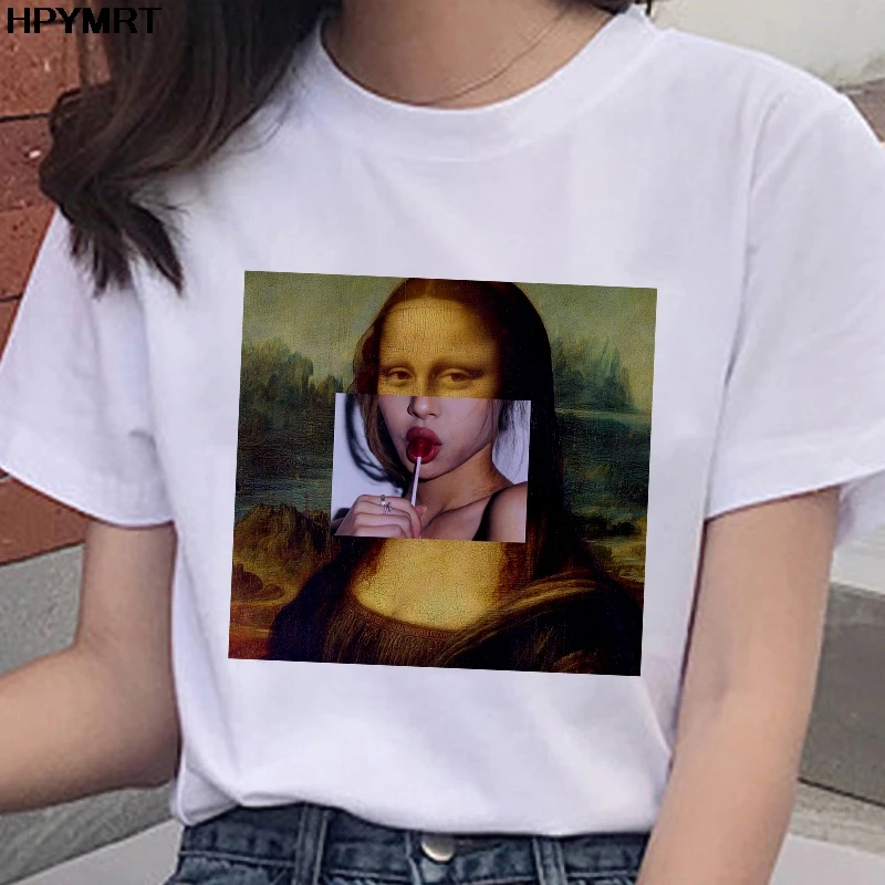 2020 New summer spoof Mona Lisa Print T Shirts Women aesthetics funny Tshirts Casual Short Sleeves Tops t-shirt Female Clothing
