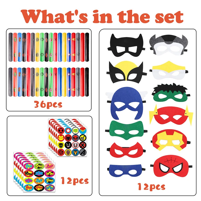 60Pcs/set Superhero Party Supplies Hero Bracelets Felt Masks Stickers Superhero Theme Christmas Birthday Party Favors for Kids