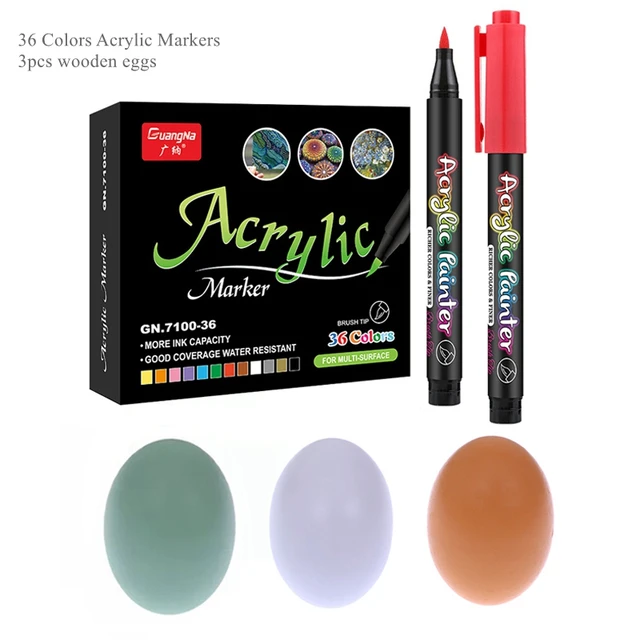 36 Colors Acrylic Paint Pens Acrylic Brush Marker Pens for Rock Painting, Stone, Ceramic, Glass, Wood, Canvas ,DIY Card Making. 36 pens-3 eggs