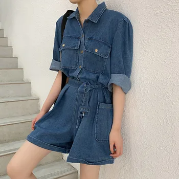

Vintage Fashion Streetwear Women Playsuits Korean Loose Summer Denim Bodysuits 2020 Chic Pockets Sashes Jumpsuits Women Clothing