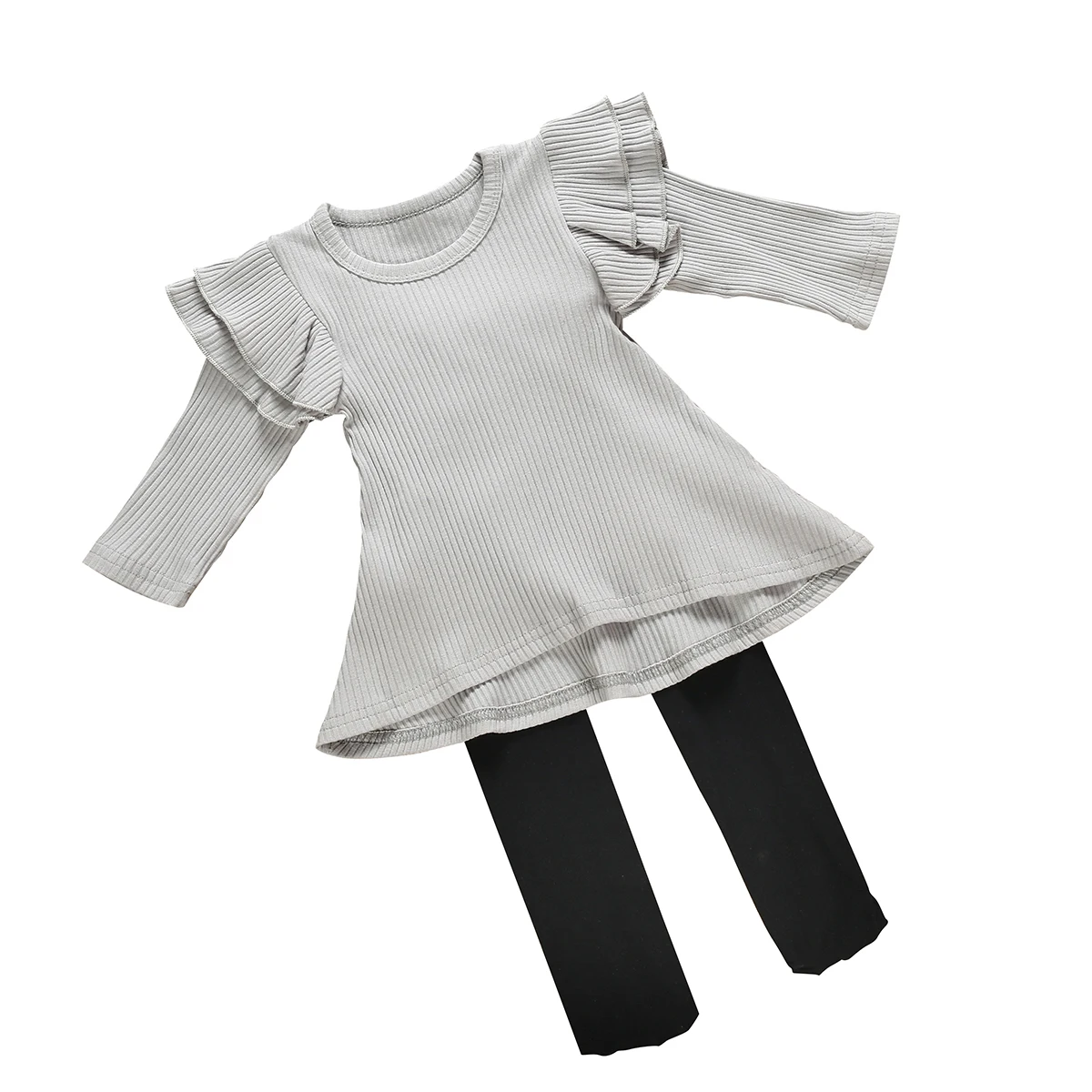 Коллекция года, весенне-осенняя одежда для малышей хлопковые однотонные ребристые топы с длинными рукавами для новорожденных девочек, штаны Чулочные изделия, одежда От 0 до 5 лет