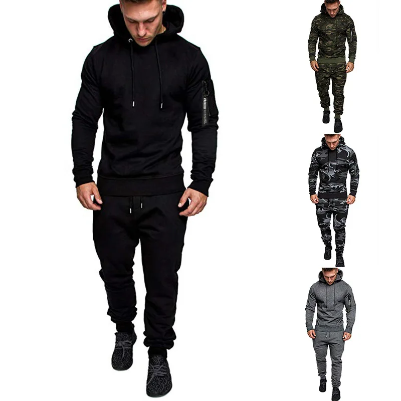 2021 Latest Men's Outdoor Sports And Leisure Camouflage Hooded Mobile Phone Sweater Running Fitness Fashion Suit