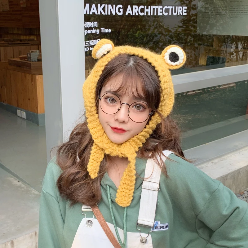 H7735 Frog Knitted Beanie Hat Women Autumn Winter Sweet Cute Warm Korean Headpiece Student Girl High Quality Fashion Thick Hats - Цвет: Цвет: желтый
