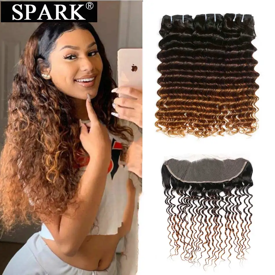 T1B/4/30 Spark Волосы remy уха до уха с закрытием 3/4 пучки бразильских волос глубокая волна человеческих волос с 1B/4/30 пучки волос - Цвет: T1B/4/30