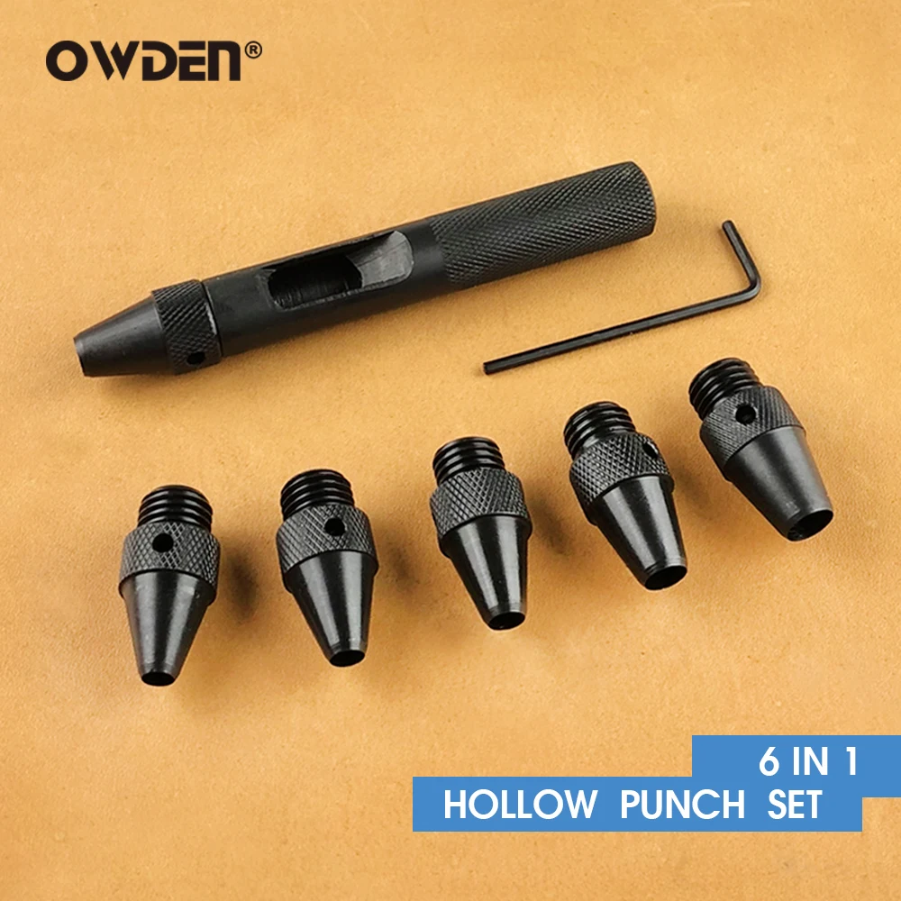 OWDEN 교체형 가죽 구멍 펀치 세트, 6 in 1, 4.8, 5.0, 5.5, 6.4, 6.8, 7.8mm 벨트 펀처, 라운드 펀칭 가죽 도구
