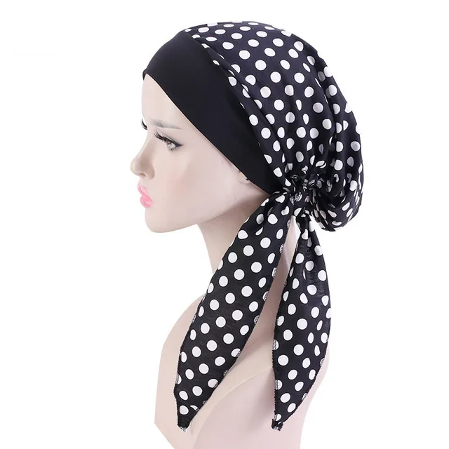 Muslim Women Print Cotton Turban Hat Headscarves Pre-Tied Cancer Chemo Headwear Bandanas Headwrap Caps Black and White Dot