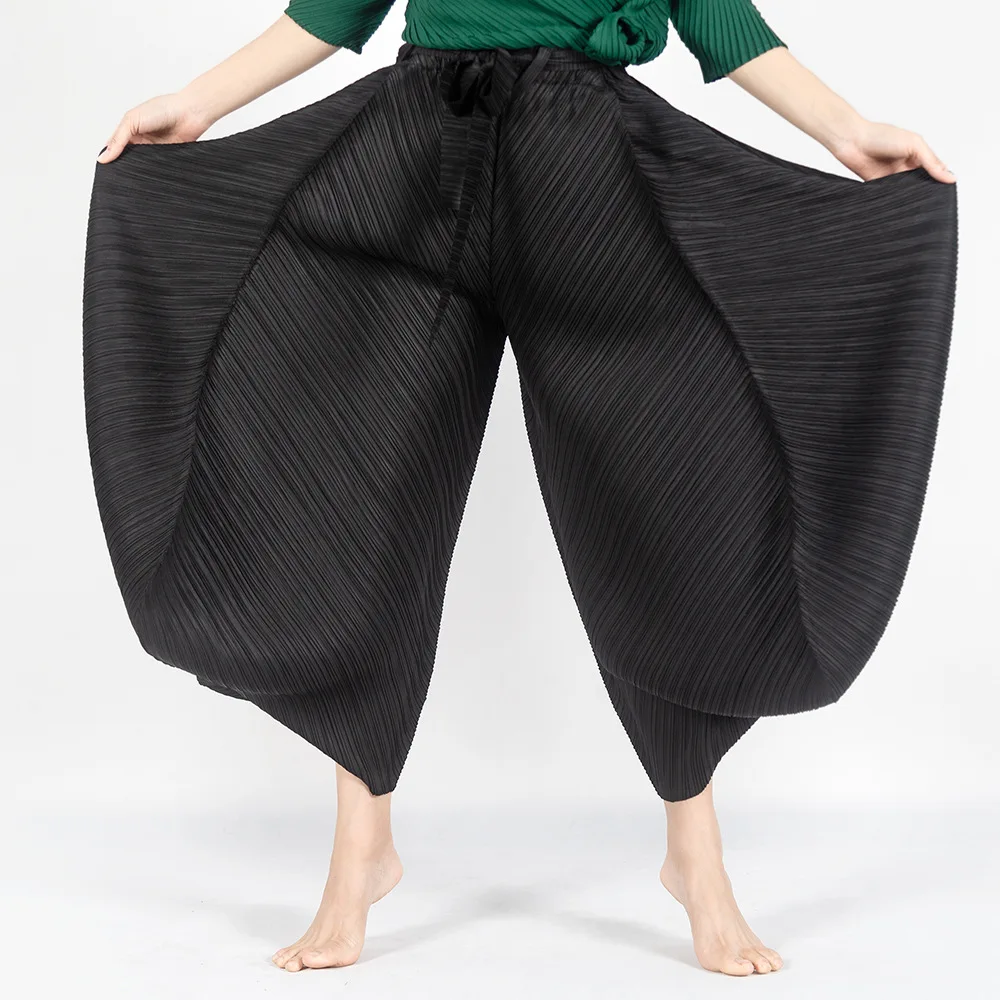 Miyake Pleats Harem Pants With Belt Original Designer High Waist Wide Leg Loose Casual Elegant Big Trousers Aesthetic Clothes