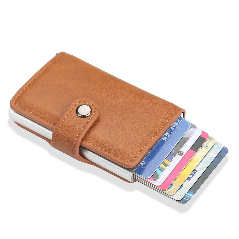 

New Hasp Men Credit Card Holder RFID Blocking PU Leather Automatic Business ID Card Holder Aluminum Metal Wallet Purse for Cards