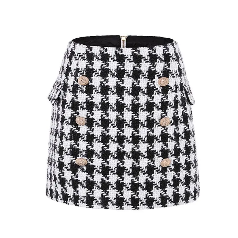 UKCNSEP New Fashion Runway 2021 Skirt Women's Fringed Lion Buttons Houndstooth Tweed Mini | Женская одежда