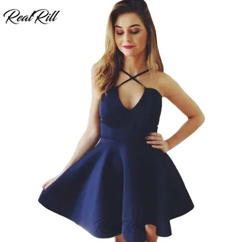 

Real Rill Spaghetti Strap Mini A Line Homecoming Dresses Zipper Up Backless Satin Short Dress Graduation Dresses
