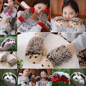 

Cute Hedgehog Gloves Women Winter Warmer Knitted Crochet Wrist Cartoon Fleece Mittens Outdoor Gifts Hot Sales