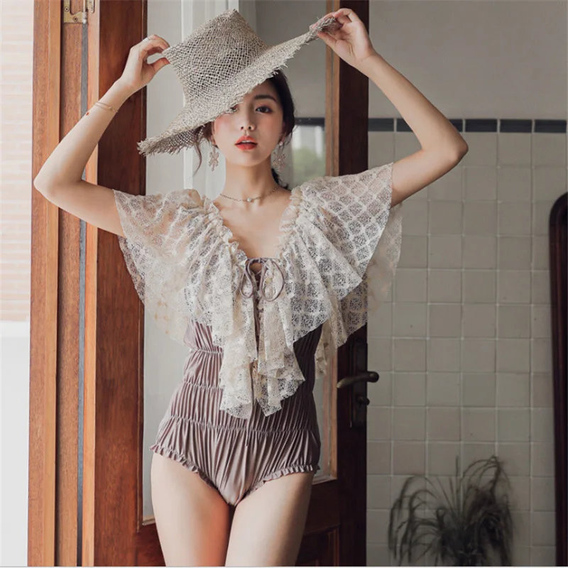 

Swimming Suit For Women Swimsuit 2019 One-Piece Swimwear Full Retro Ladies One Piece Closed Leaf Slender Stomach Super Fairy