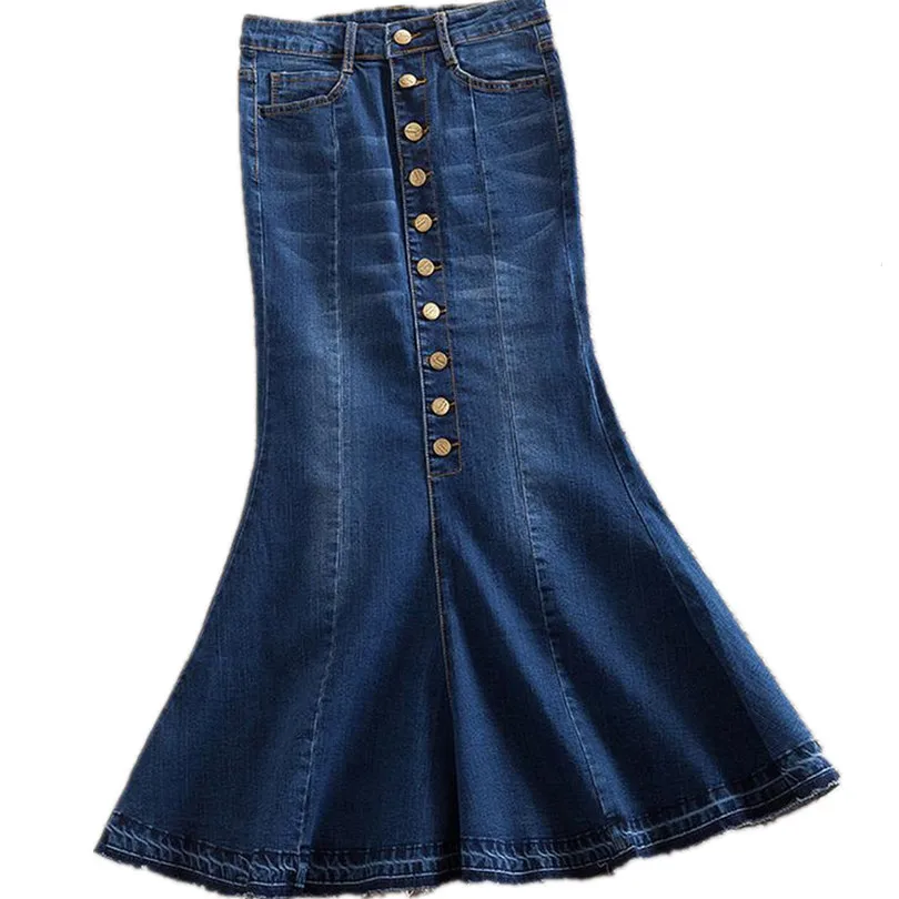 

European and American-style artistic style cowboy multi-breasted Slim fit stretch cowboy fishtail skirt