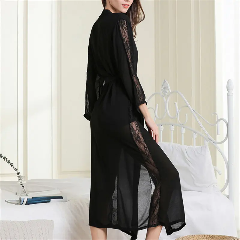 Women Satin Silk Sleeping Robe Lace Chiffon Sexy Bathrobes Female Sexy V-Neck Long Style Kimono Factory Outlet 6226