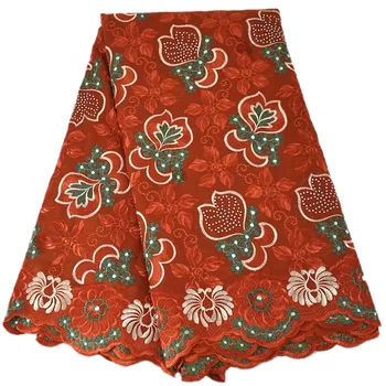 

Newest Women dresses cotton Fabric in red with stones 100% cotton red-green-white pattern good quality Swiss Voile Lace Fabric