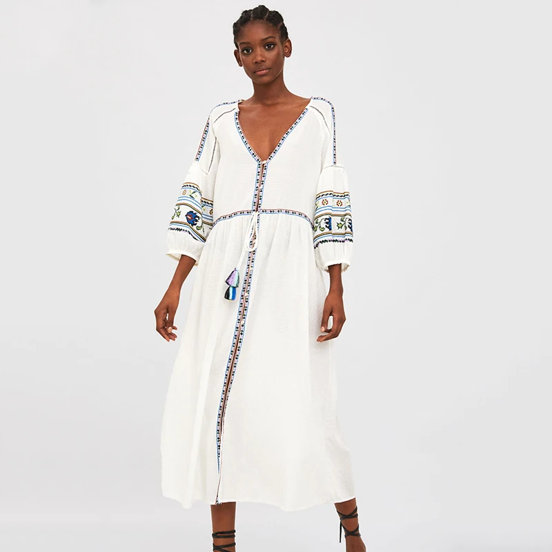 Женское платье с вышивкой ZA элегантное и шикарное в этническом стиле v образным