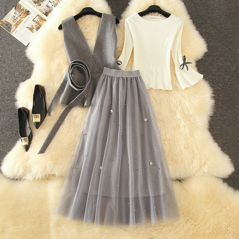2020 Autumn New 3 Piece Set Women Flare Long Sleeve Bow Tie Pullover Sweater + Wool Ruffle Vest + Long Pearl Beading Mesh Skirts 2020 Autumn New 3 Piece Set Women Flare Long Sleeve Bow Tie Pullover Sweater + Wool Ruffle Vest + Long Pearl Beading Mesh Skirts