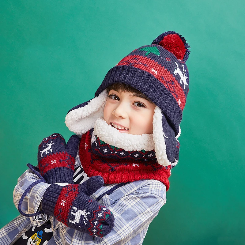 Новая зимняя шапка, шарф, комплект для мальчиков и девочек, одежда для детей, хлопковый теплый жилет с рисунком рождественского оленя для мальчиков милый соответствия перчатки
