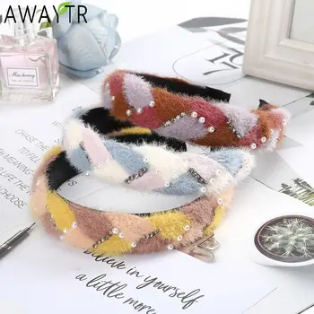 

AWAYTR Winter Knitted Wool Headband Crystal Braid Hair Bands For Women Hair Hoop Fashion Pearl Colorful Weaving Hair Accessories