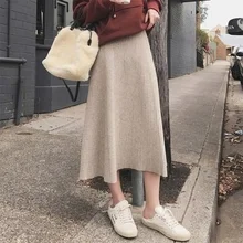 

2020 New Women Elegant Solid Autumn Fashion Sweater Midi Skirt Winter Skirts Loose Casual A-line High Waist Female Knitted Dress