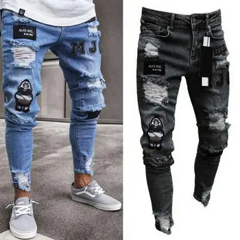

Men's Ripped Jeans Super Skinny Slim Fit Denim Pants Destroyed Frayed Trousers