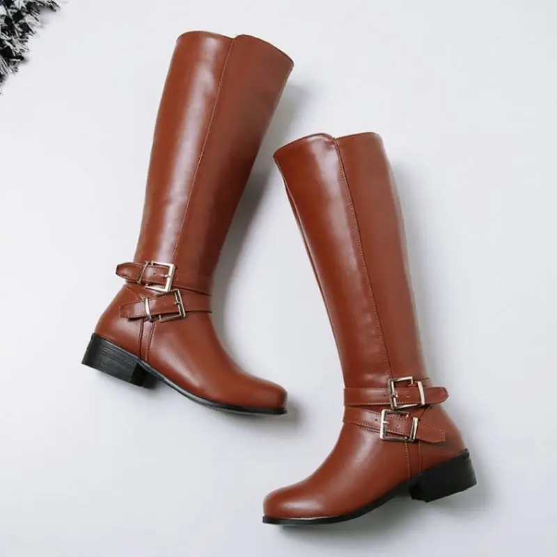 FITWEE Size 33-46 Pu Leather Knee High Boots Chunky Heels Buckle Zipper Long Boots Retro Winter Warm Shoes Woman Footwear