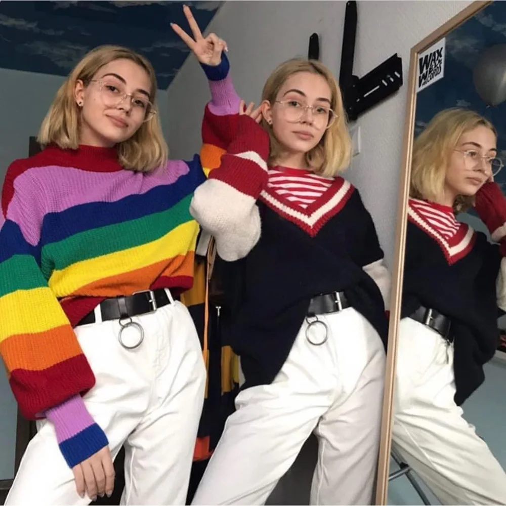 

Новинка 2020, свитера в радужную полоску с высоким воротником, женские повседневные осенние Вязаные Пуловеры свободного кроя, женская трикотажная одежда