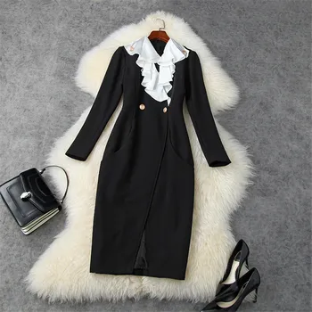 

Fashion Runway Dress Designers Autumn Winter 2020 Women Elegant Full Sleeve Ruffle Patchwork Slim Straight Office Party Dress
