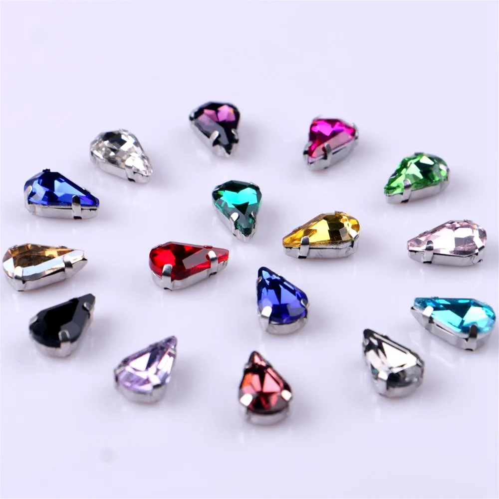 Sew On Rhinestones Narrow Teardrop Glass Rhinestones With Claw Sew On Stone Strass Diamond Silver Metal Base Crystals For Needlework 20 pcs/pack