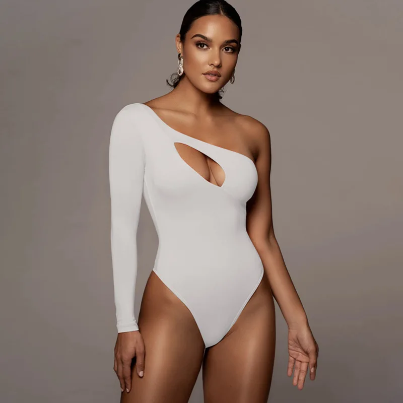 Cryptographic 2021 Spring Sexy Cut-Out Women's Bodysuits Elegant Club Party Solid Tops One Shoulder High Waist Bodysuit Rompers brown bodysuit