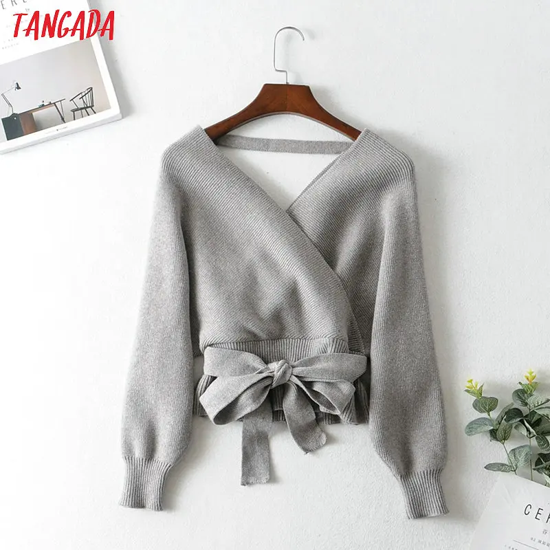 Cena Tangada damski seksowny backless jednolity sweter sweter koreański moda z długim rękawem v neck swetry bluzki damskie JA07