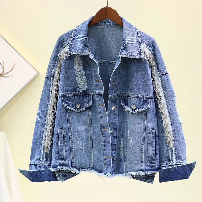 

Autumn New Beaded Chain Tassel Splice Frayed Hole Denim jacket Women Vintage Casual Short Jean jacket Chaquetas mujer Streetwear